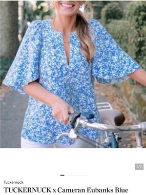 Tuckernuck Blue Floral Split V-Neck Flutter Sleeve Top